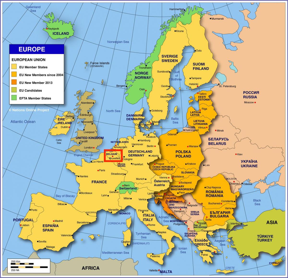 mappa dell'europa che mostra a Bruxelles